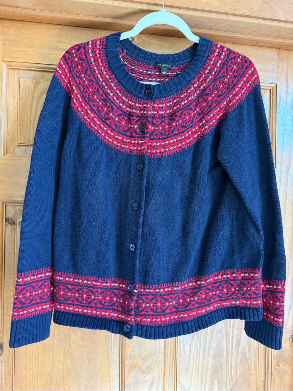 Talbots Navy Cardigan with Red Fair Isle Yoke and Hem